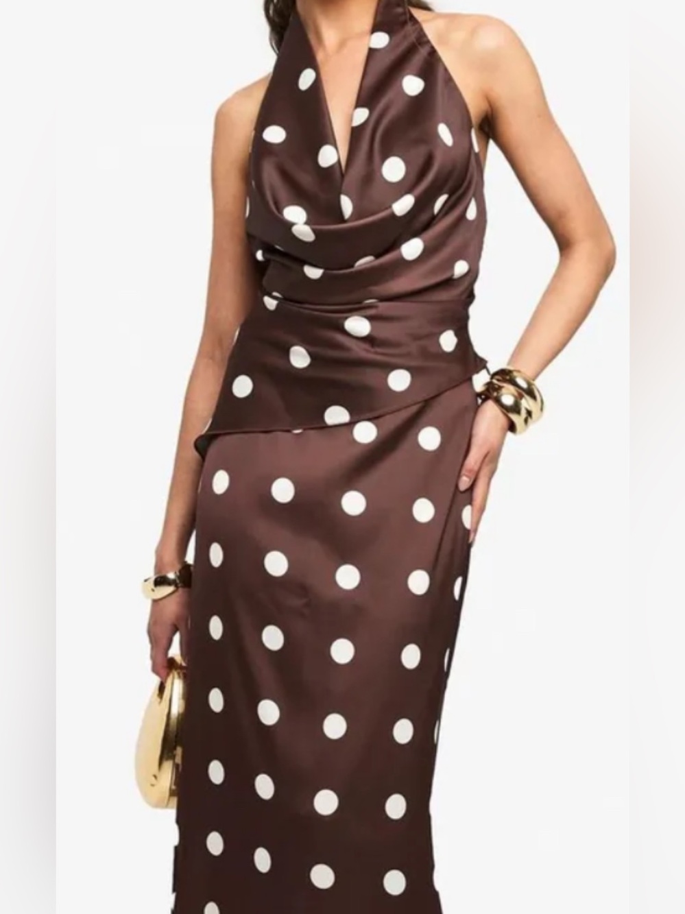 See You Monday One-Shoulder Brown Polka Dot Satin Dress